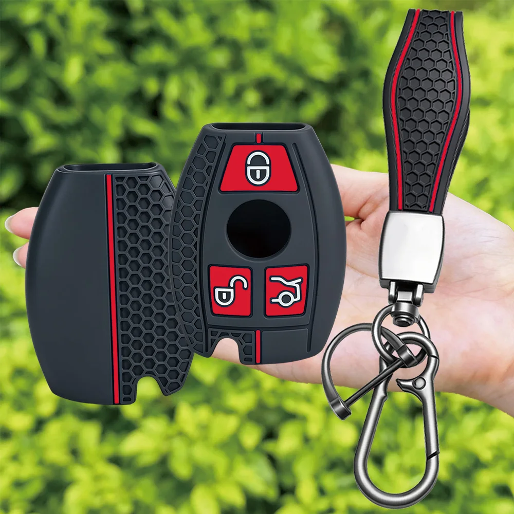 For Mercedes-Benz A-Class C-Class E-Class S-Class GLC GLE Silicone Remote Key Case Chrome With Wrist Strap And Carabiner