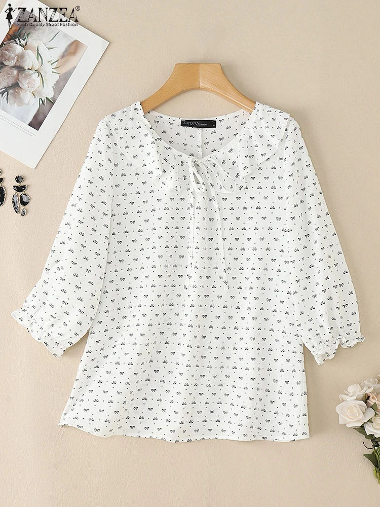Zanzea babados guarnição blusas mulher moda o pescoço 3/4 puff manga arco estampas blusas mujer 2025 verão casual chemise femme