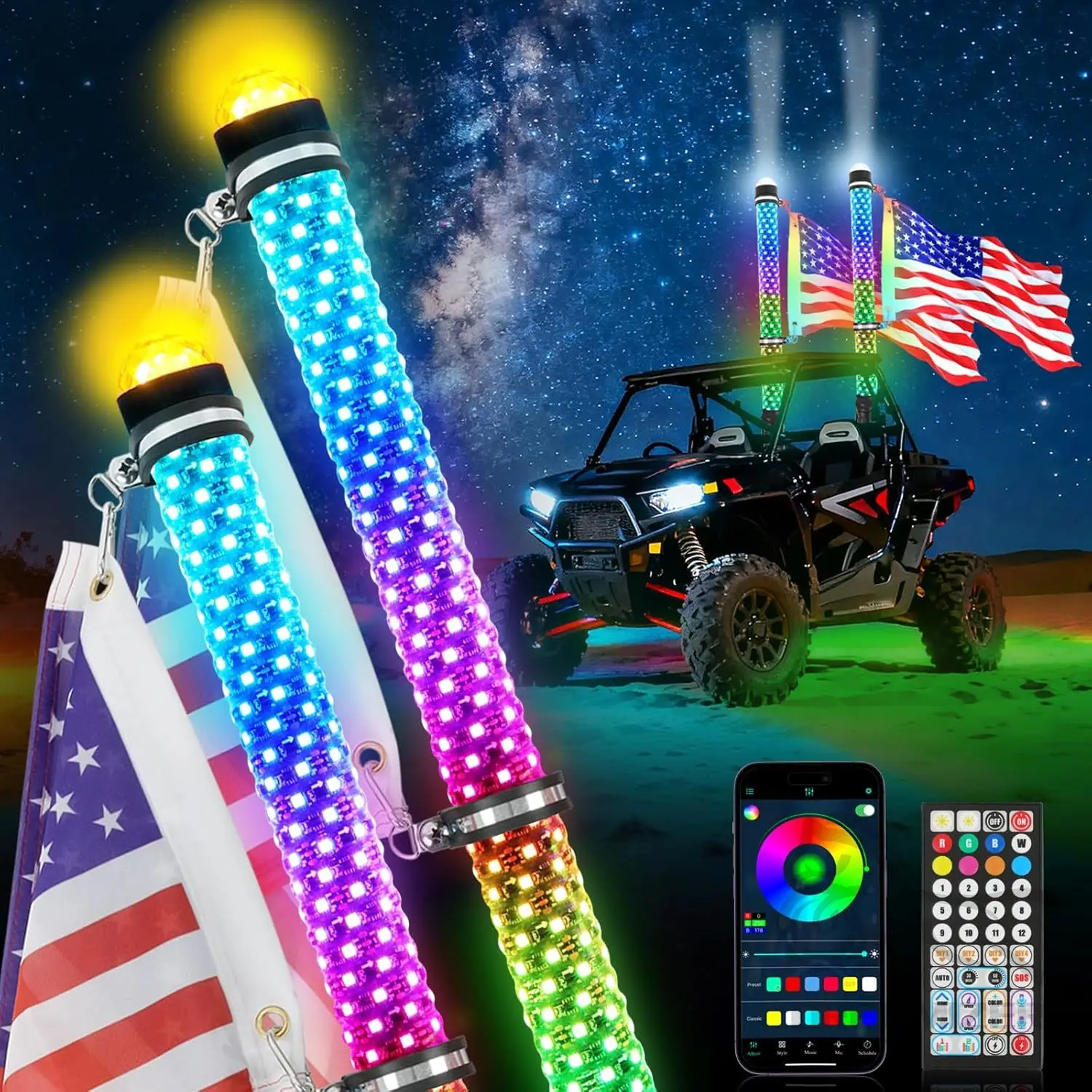 2Pack 3FT Fat Whip Lights RGB Led Whip Lights With Strobe Light RGB Chasing Lighted Music Antenna Whips App Remote Control