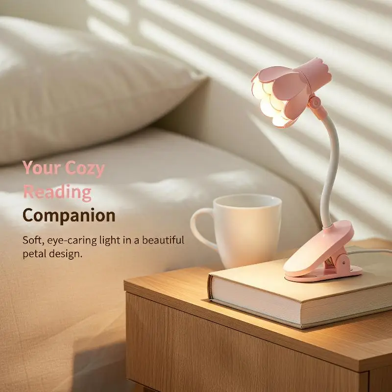 Flower Shaped Clip On LED Book Light Mini Eye Protection Desk Lamp for Kids Students Dorm Study Reading
