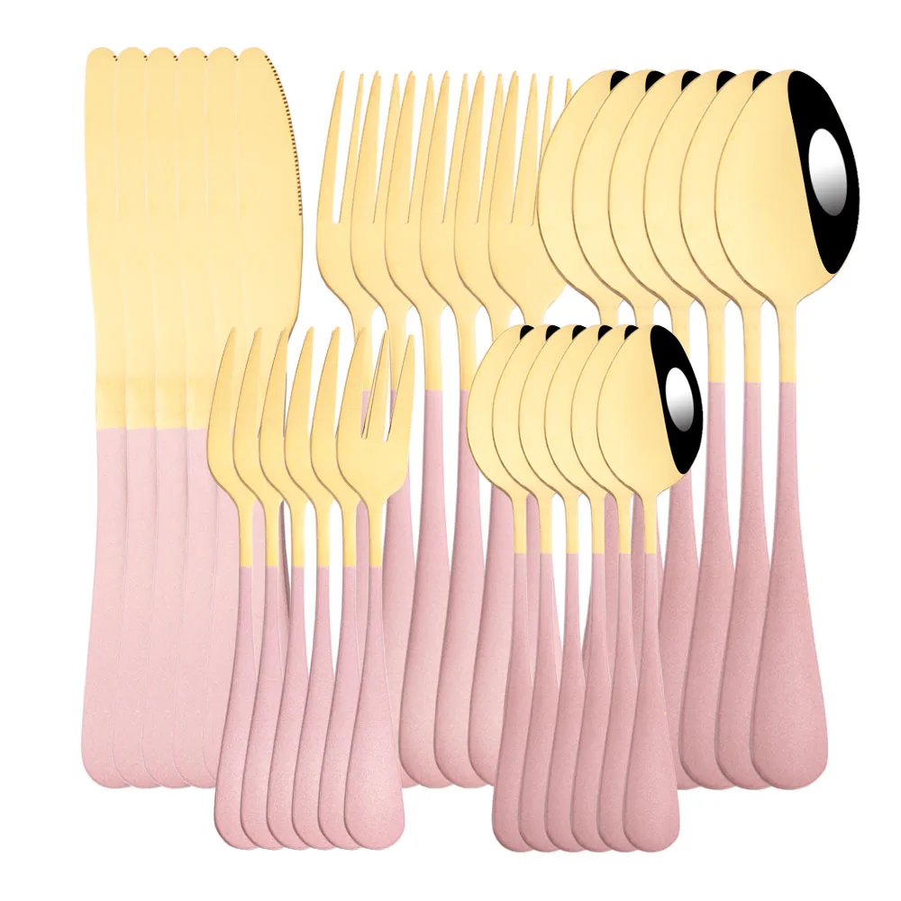 Pink Gold 6/30Pcs Stainless Steel Dinnerware Cutlery Set Silverware Flatware Set Dinner Knife Cake Fork Tea Spoon Tableware Set