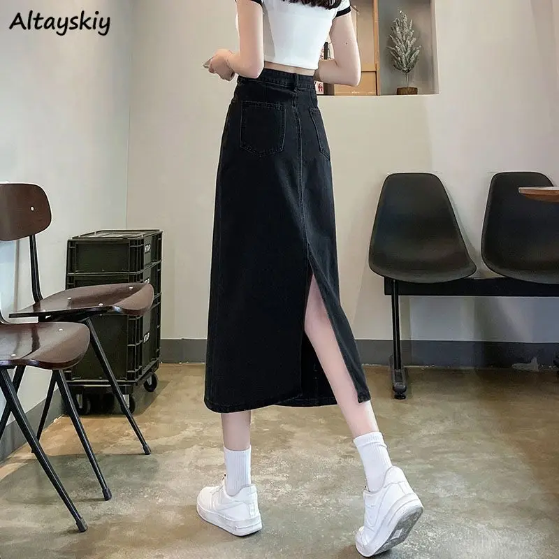 Women Back-slit Denim Skirts Vintage High Waist Spring Autumn Midi Skirt College Streetwear Fashion Simple Harajuku Youths Chic