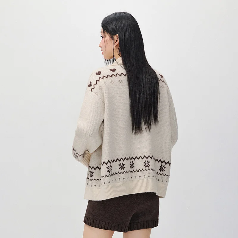 Semir Women Knit Cardigan Turn Down Collar Oversized Fit Geometric Jacquard 2026 New Winter Daily Wear Urban Casual Style