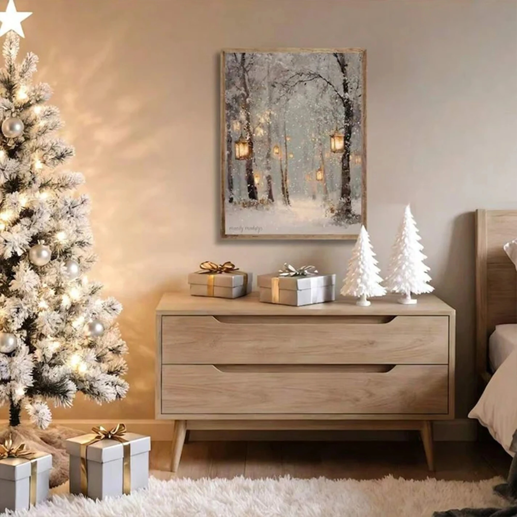 Modern Snowy Forest Lantern Winter Wall Art Print Canvas Painting Poster Picture For Living Room,Bedroom Home Decor