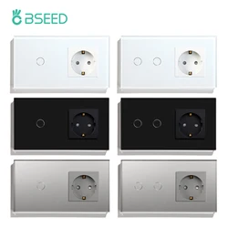 BSEED Touch Light Switch With EU Power Wall Sockets White Black 300W Wall Led Switches 1/2/3Gang 1Way Crystal Glass Panel 157mm