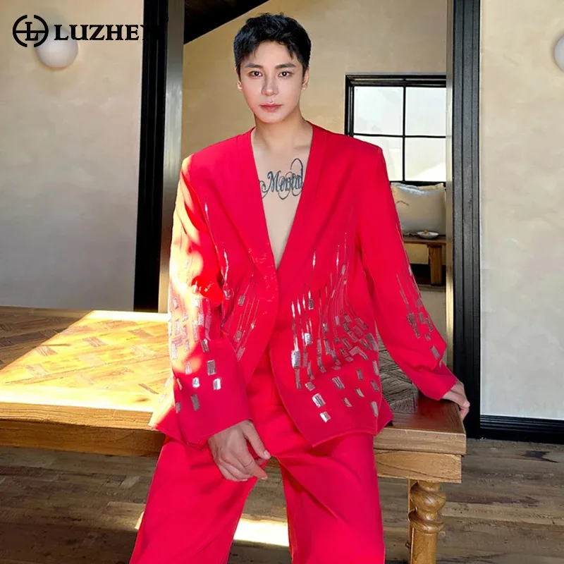 

Костюм-двойка LUZHEN: Модный комплект для ночных клубов с пайетками, без воротника, персонализированный, трендовый, уличный стиль, мужские брюки, JY5958