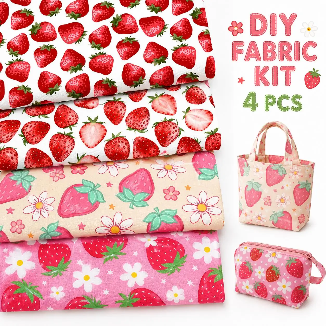 Pre-cut 4pcs 50X45cm Strawberry Themed Polyester Fabric Set,  Precut Quilting Squares, Hand Wash Only, No Repeat Patterns