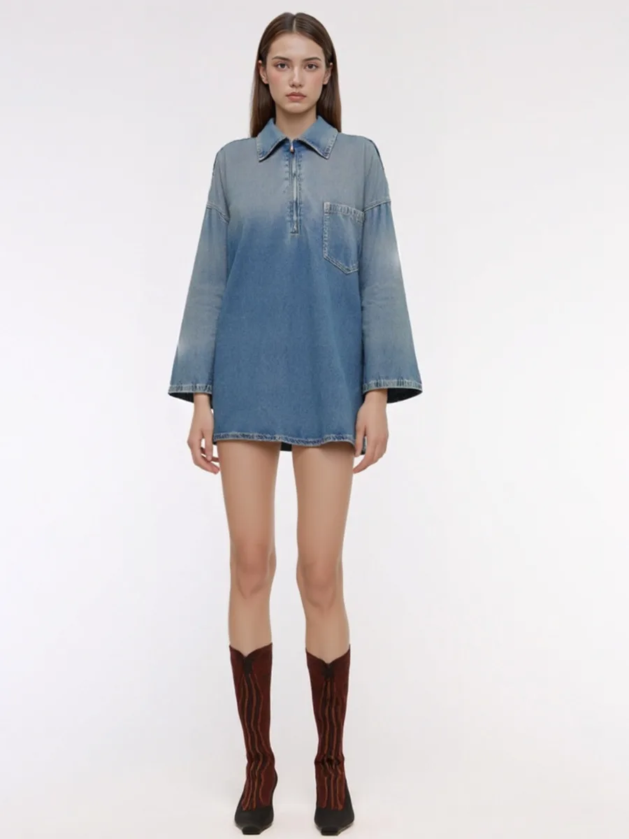 여성 패션 솔리드 데님 드레스 긴 소매 여성 시크 레이디 캐주얼 루즈 숏 드레스 셔츠 드레스 2025 신상 패션 0J21