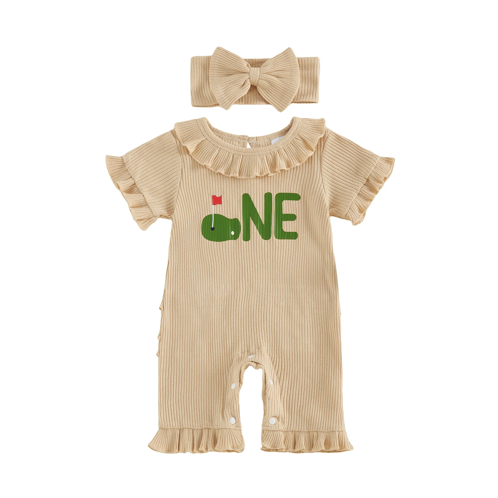 Baby Girl 2Pcs Golf Outfits Short Sleeve Round Neck Ruffle Jumpsuit with Headband Set