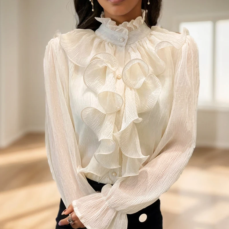 Elegant Women Lace Chiffon Shirt Vintage Clothes Long Puff Sleeve Blouse Spring Stand Collar White Loose Tops 12946