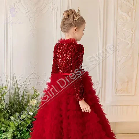 Elegant Sequined Long Sleeves Wedding Wine Red Dress Tulle Children Party First Communion Prom Customize Gown