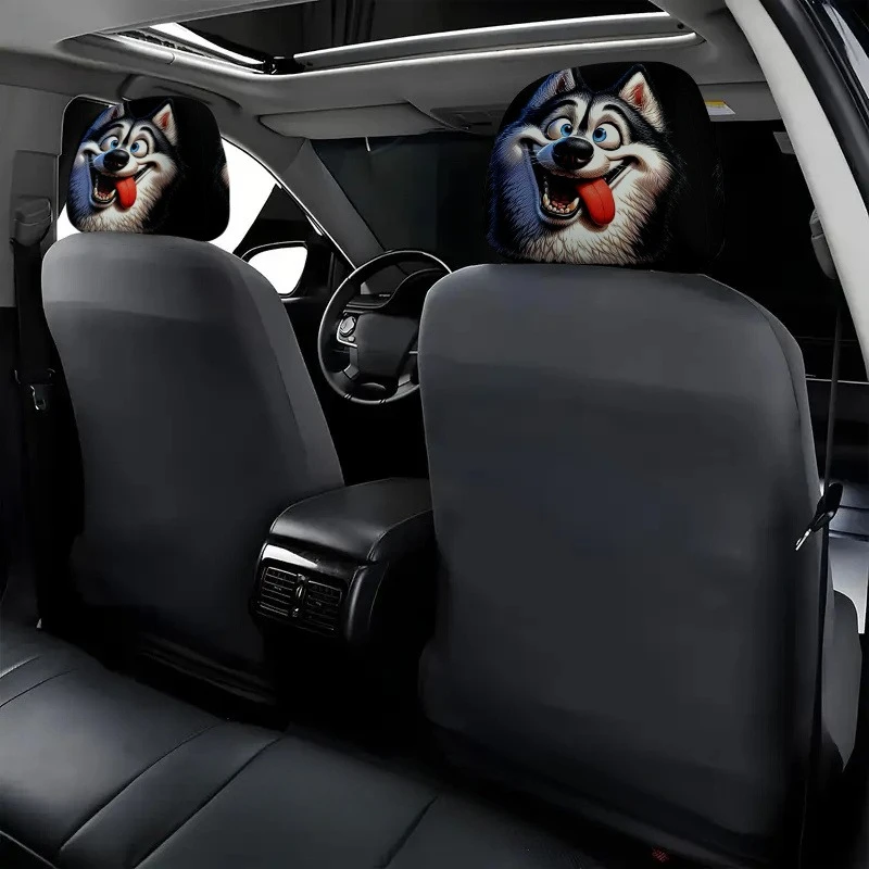 2pcs Funny Cartoon Wolf Print Car Headrest Covers, Neck Pillow Protectors, All-Season Use, Elastic Design for Easy Installatio