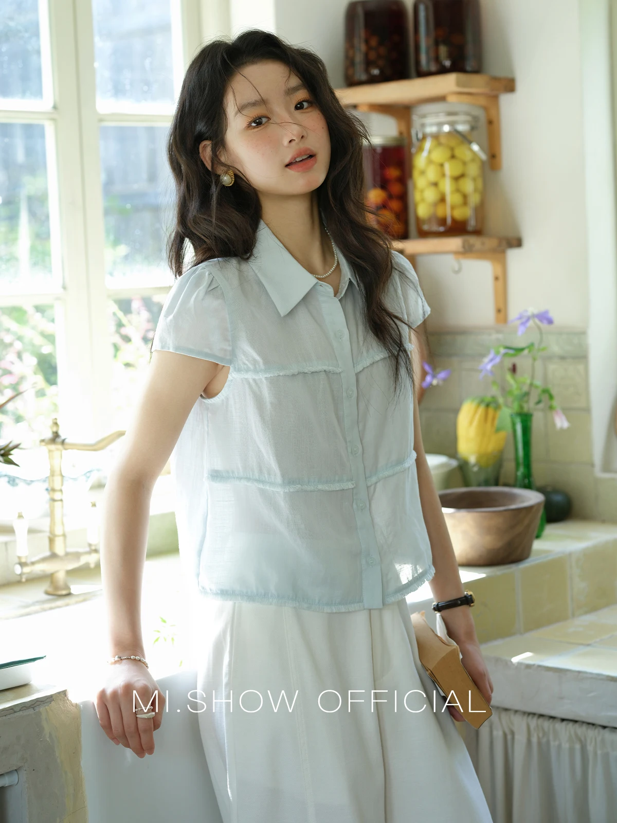 

MISHOW Women's Turn-down Collar Button Casual Shirt 2025 Summer New Ladies Wear Edge Splicing Commut Short Sleeve Top MXE39C2363