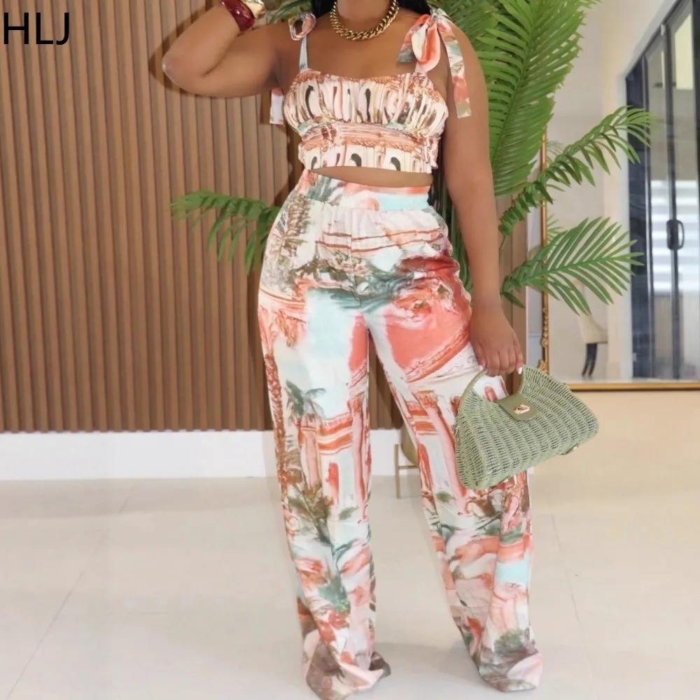 

HLJ Fashion Pattern Printing Woman 2 Piece Set Outfit Spaghetti Strap Ruched Patchwork Tube Top + Pants Female Streetwear New