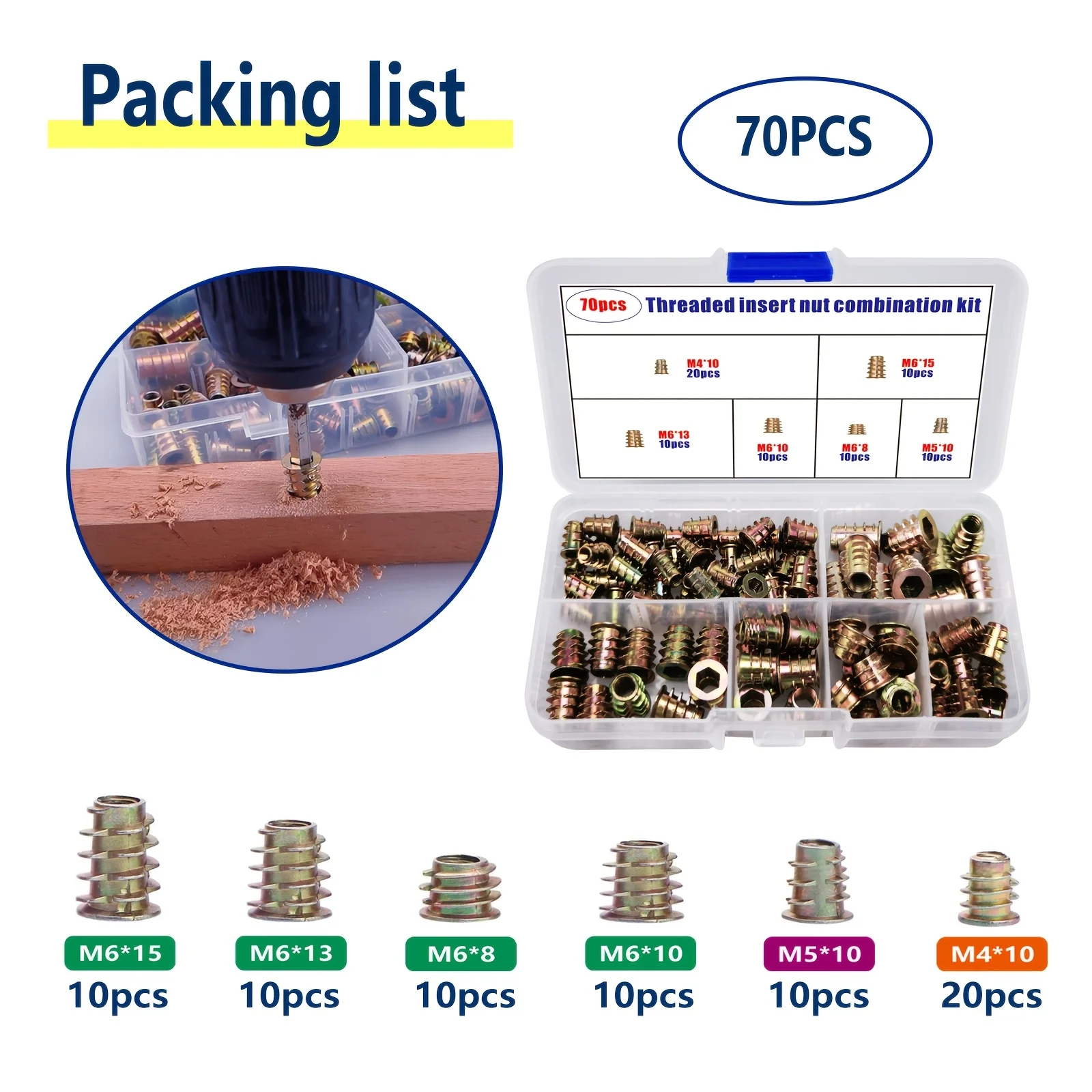 70pcs Wood Thread Insert Tool Kit, Furniture Bolt Nut Fastener Connector, Hex Socket Driver for Wooden Furniture Assortment