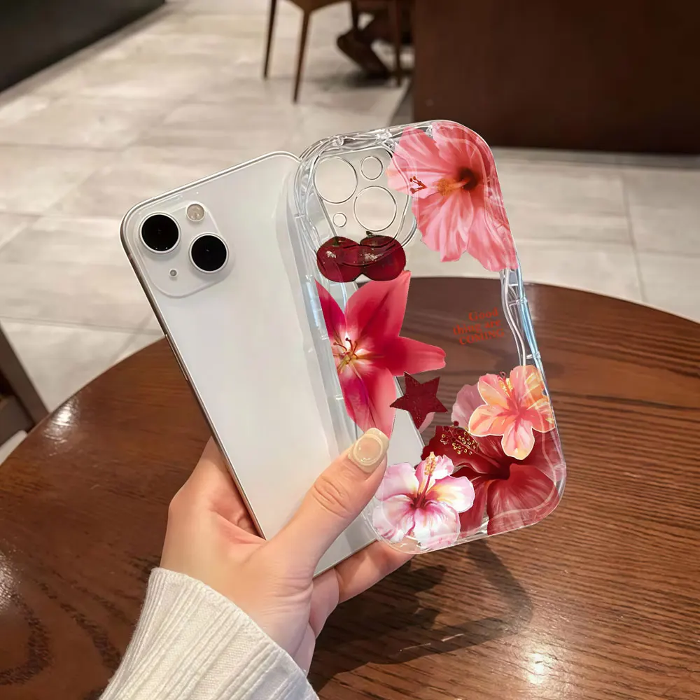 Flower Hibiscus Clear TPU Wavy Edge Phone Case For iPhone 17 16 15 14 13 12 11 Pro Max Plus Shockproof Silicone Bumper INS Cover