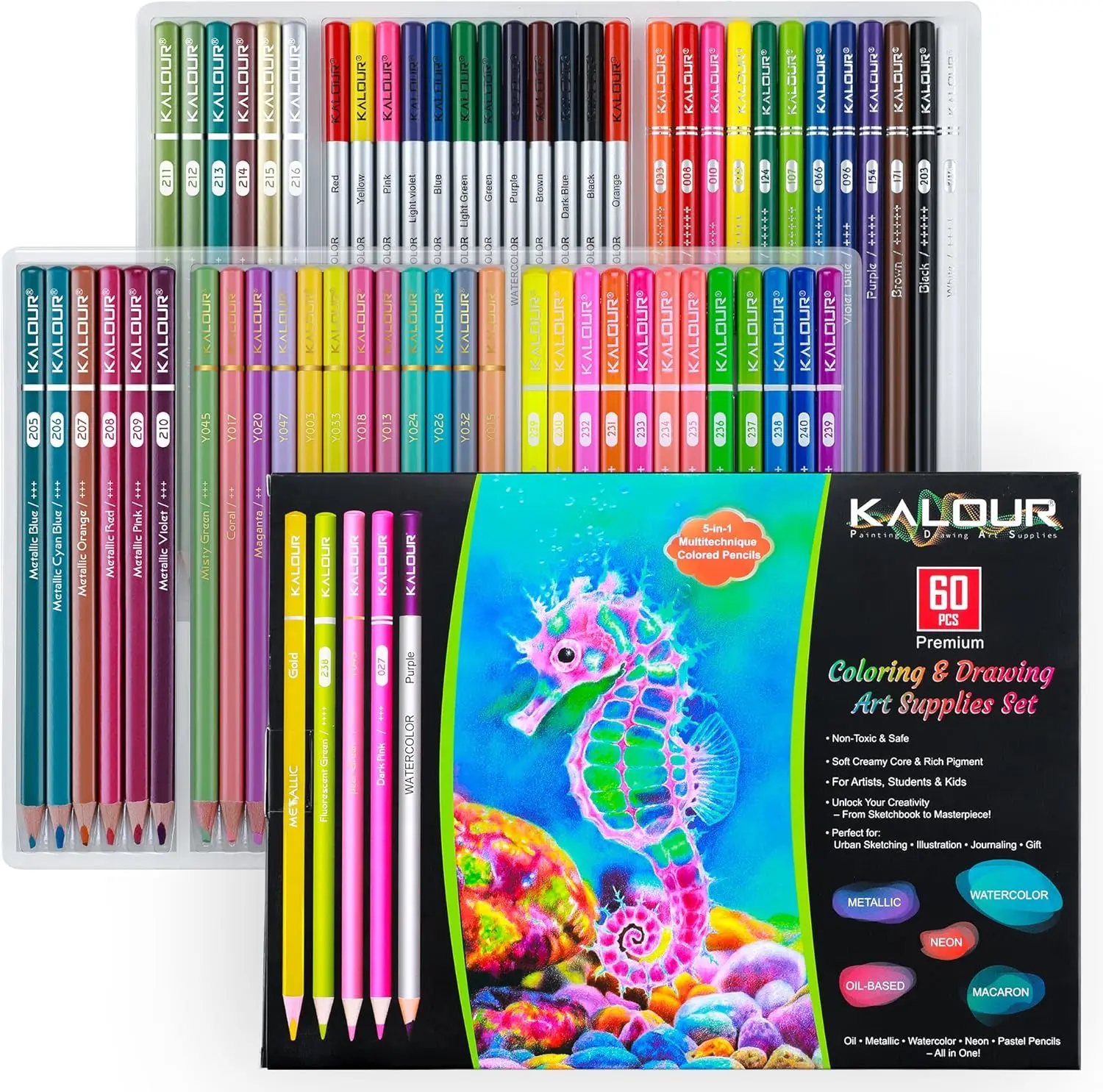 

60 Art Drawing Pencils Set with Oil-Based, Metallic, Watercolor, Neon & Pastel Colors for Sketching, Coloring & DIY Crafts