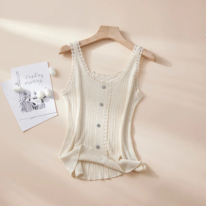 BirdTree, 55%Real Silk Elegant Vest, Women O Neck Splicing Lace, Sweet Comfortable Versatile Slim Knit Top, 2024 Summer P46592QC