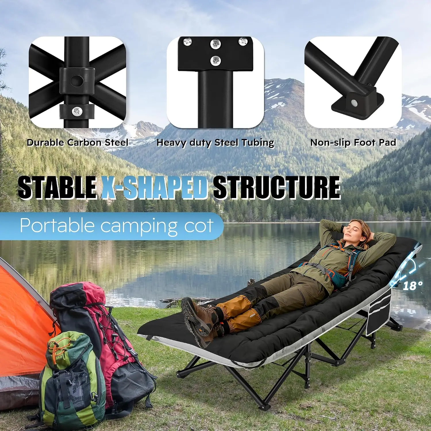 Adult Camping Cots 600lbs Capacity Folding Camping Cot Mattress Sleeping Carry Bags Travel Beach Patio Home Office Nap Time