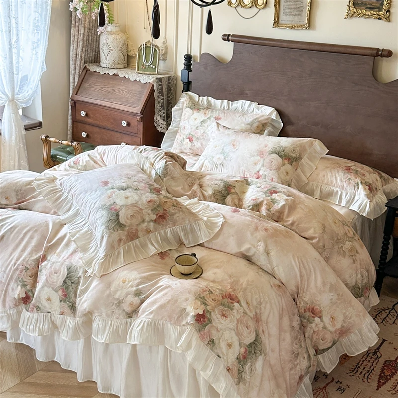 Vintage French Style Rose Floral Print 100% Cotton Bedding Set Ruffles Duvet Cover Bed Skirt Pillowcases 4Pcs Romantic Bed Linen