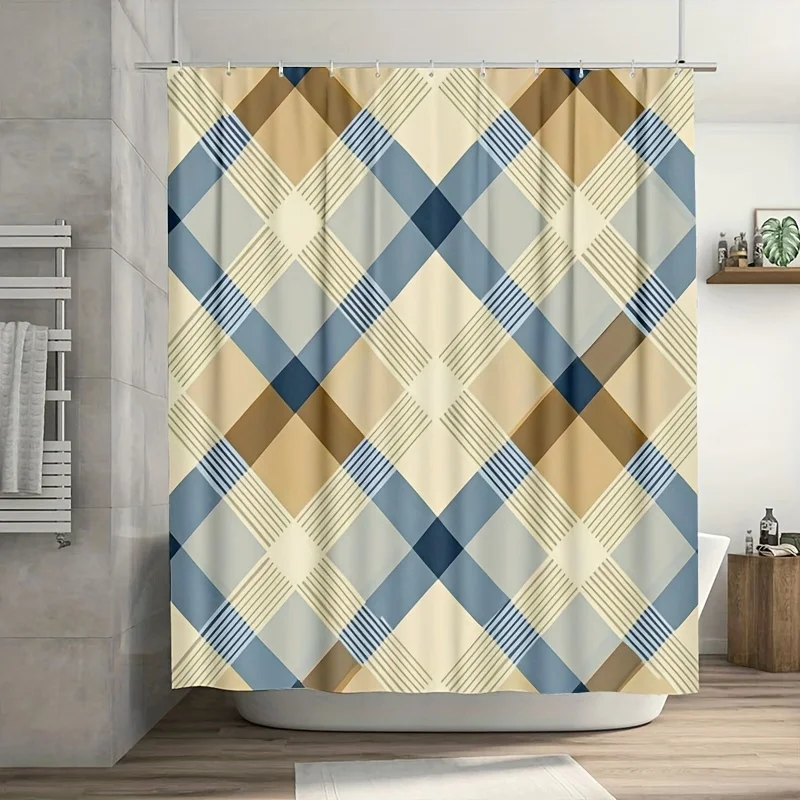 

Waterproof Plaid Shower Curtain Blue Beige Brown Geometric Pattern Bathroom Decor Liner Curtain 70.8x70.8 Inch