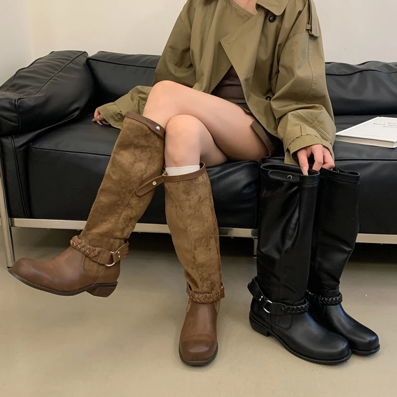 Eilyken  2027 Autumn Winter Design Weave Belt Buckle Women Knee-High Boots Fashion Retro Round Toe Square Low Heels Shoes