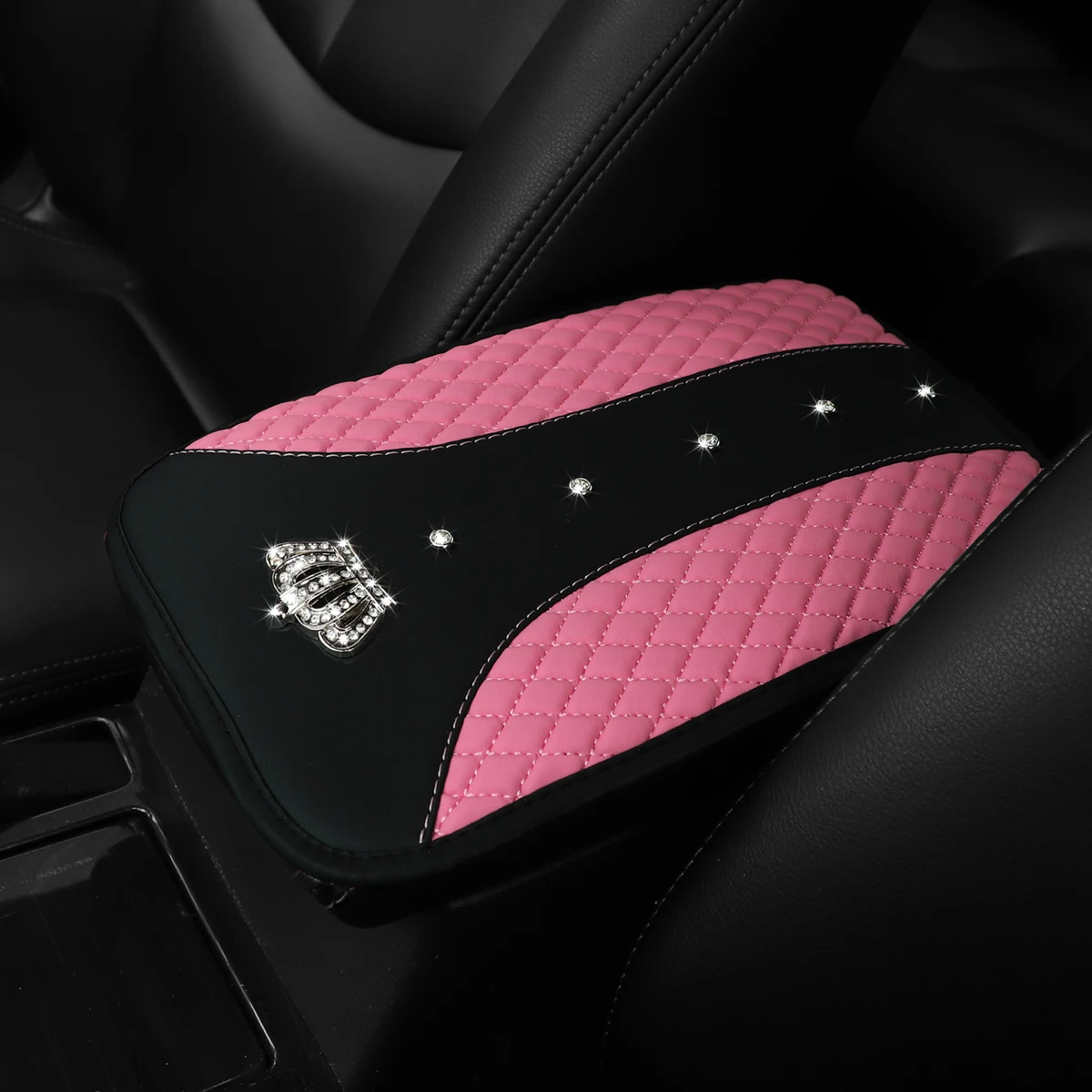 1 Car Armrest Pad with Artificial Diamond Blingbling Metal Crown Artificial Sheepskin Embroidered Waterproof Comfort Car Supplie