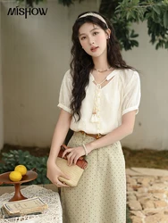 MISHOW V-neck Drawstring Tassel Bubble Sleeve Shirt 2024 Summer French Elegant Flower Hollow Top Solid Sweet Blouses MXD25X1463