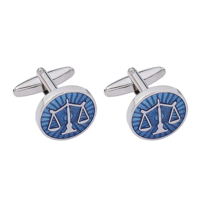 Botón de manga Libra, abogado de la ley, juez del abogado, mazo, escamas de la justicia, gemelos redondos de esmalte azul, gemelos con logotipo de la corte de equilibrio