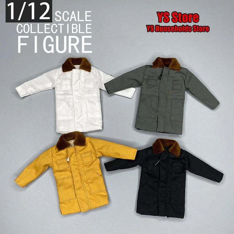 In Stock 1/12 Man Soldier Winter Brown Fur Collar Black Windbreaker Coat Pocket Zipper Trench Decoration Accessory for 6