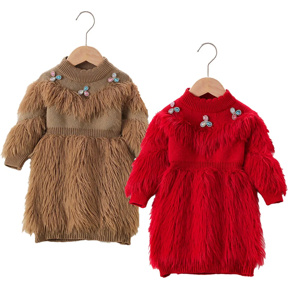 Autumn Winter Girl Dress Knit Baby Toddler Girls Clothes Sweater Fur Dress Elegant Fashion Kids Children Outfit Knitted Boutique