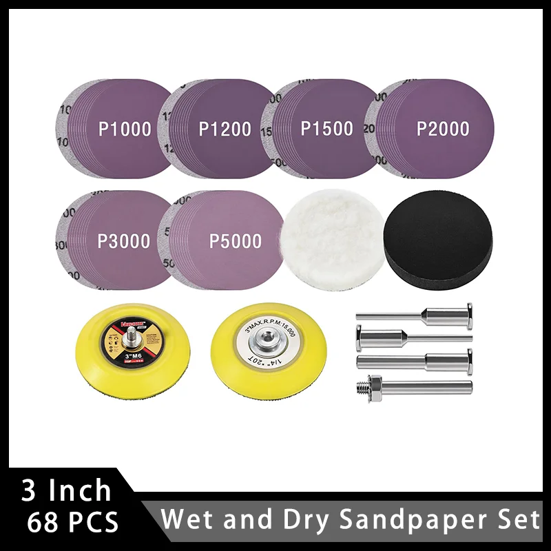 3 Inch Wet and Dry Sandpaper with Shank Foam Sanding Pad 68 Pcs  Assorted 1000-5000 Grits Hook and Loop for Metal Car Polishing