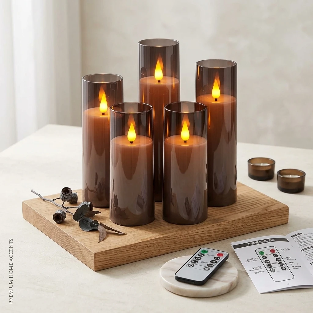 Gray LED Electronic Candles 5-Piece Set with Remote Control for Romantic Wedding Holiday Home Decor Dinner Candlelight
