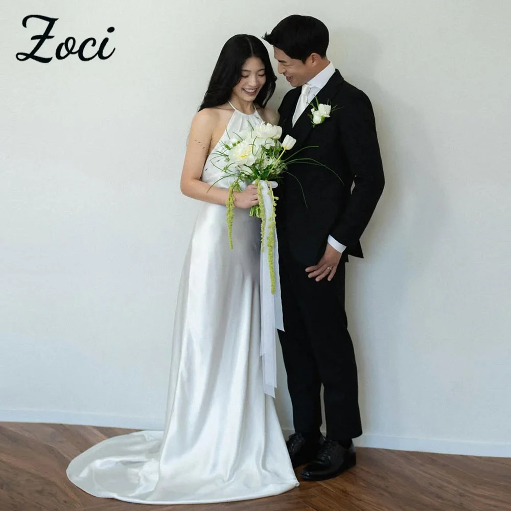 

Zoci Sexy Halter Korea Wedding Dresses Mermaid Silk Satin Customized Photos Shoot Dresses Simple Backless Bridal Party Gown