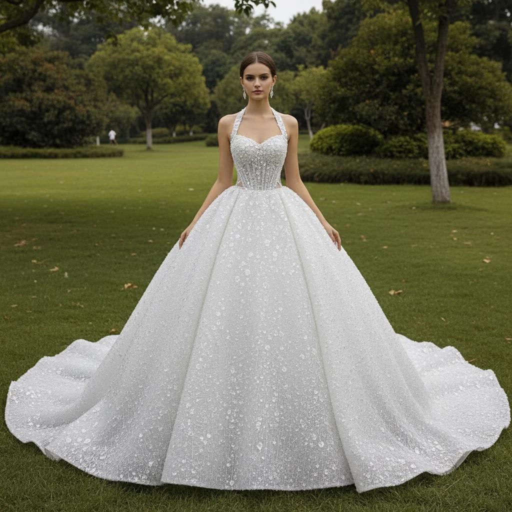 Rosymae Sparkly Handmade Ball Gown Halter Wedding Dress with Sheer Bodice Elegant Bridal Gown vestidos de novia boda