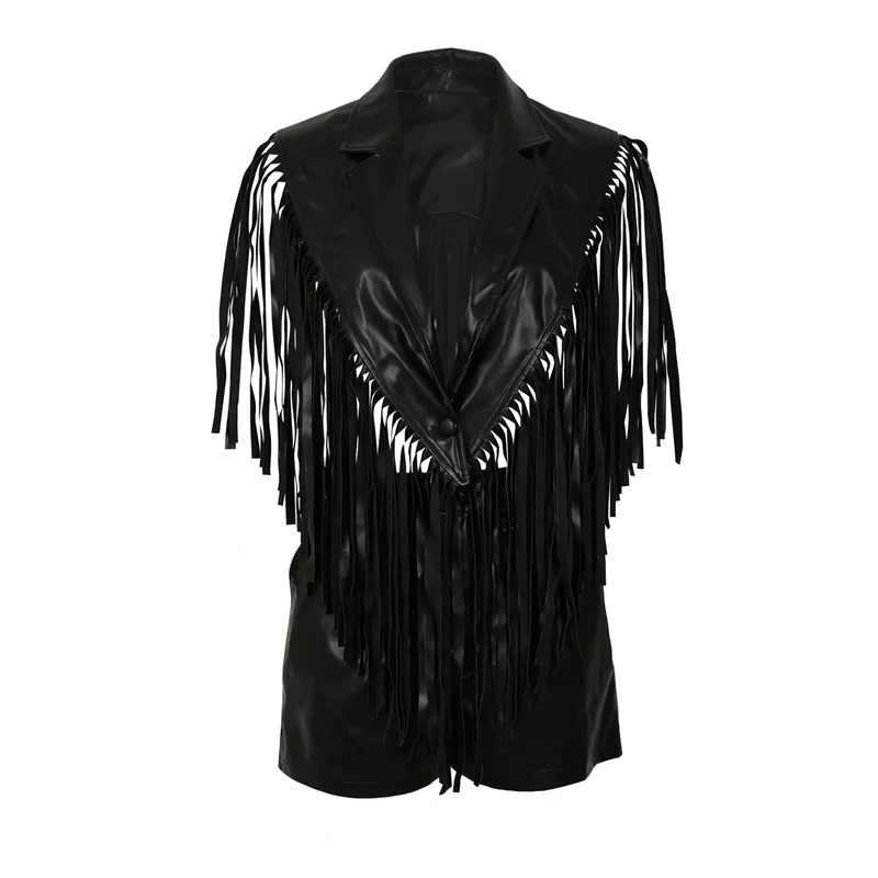 Doyerl Zweiteiliges Set aus PU-Kunstleder für Damen, 2026, Streetwear, Quaste, einreihige Weste, Top und Shorts, neu in passenden Sets – Detail 6