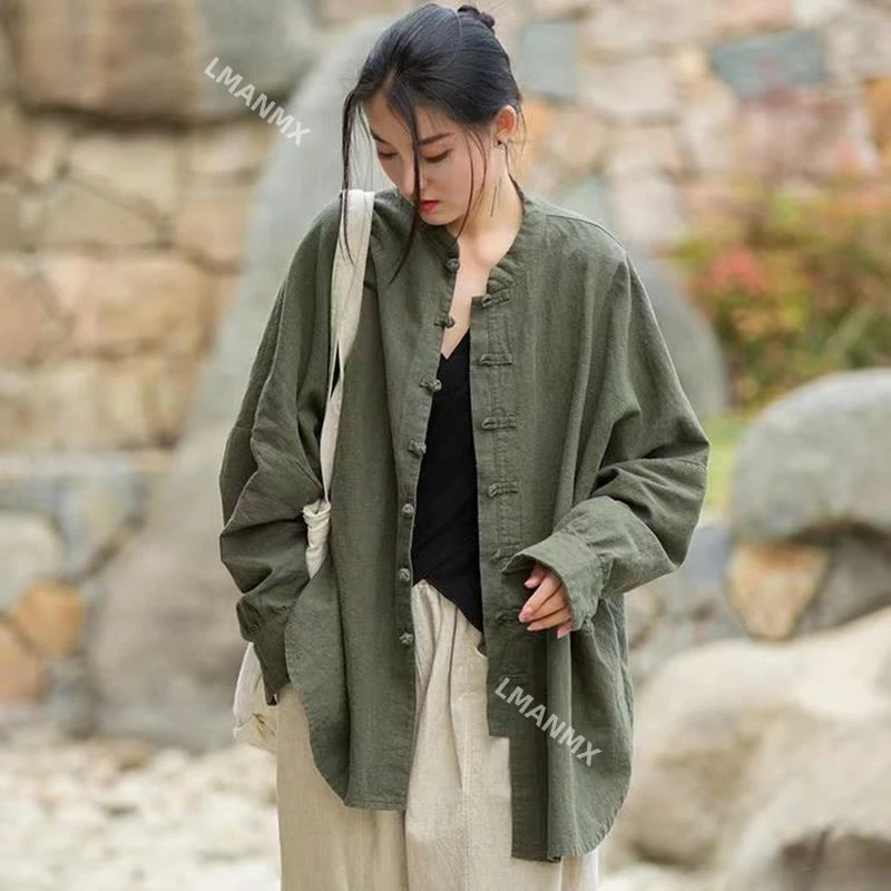 

2024 Women Chinese Traditional Tang Suit Linen Zen Tea Hanfu Cardigan Ladies Tai Chi Kung Fu Tops Vintage Cotton Femal Clothing