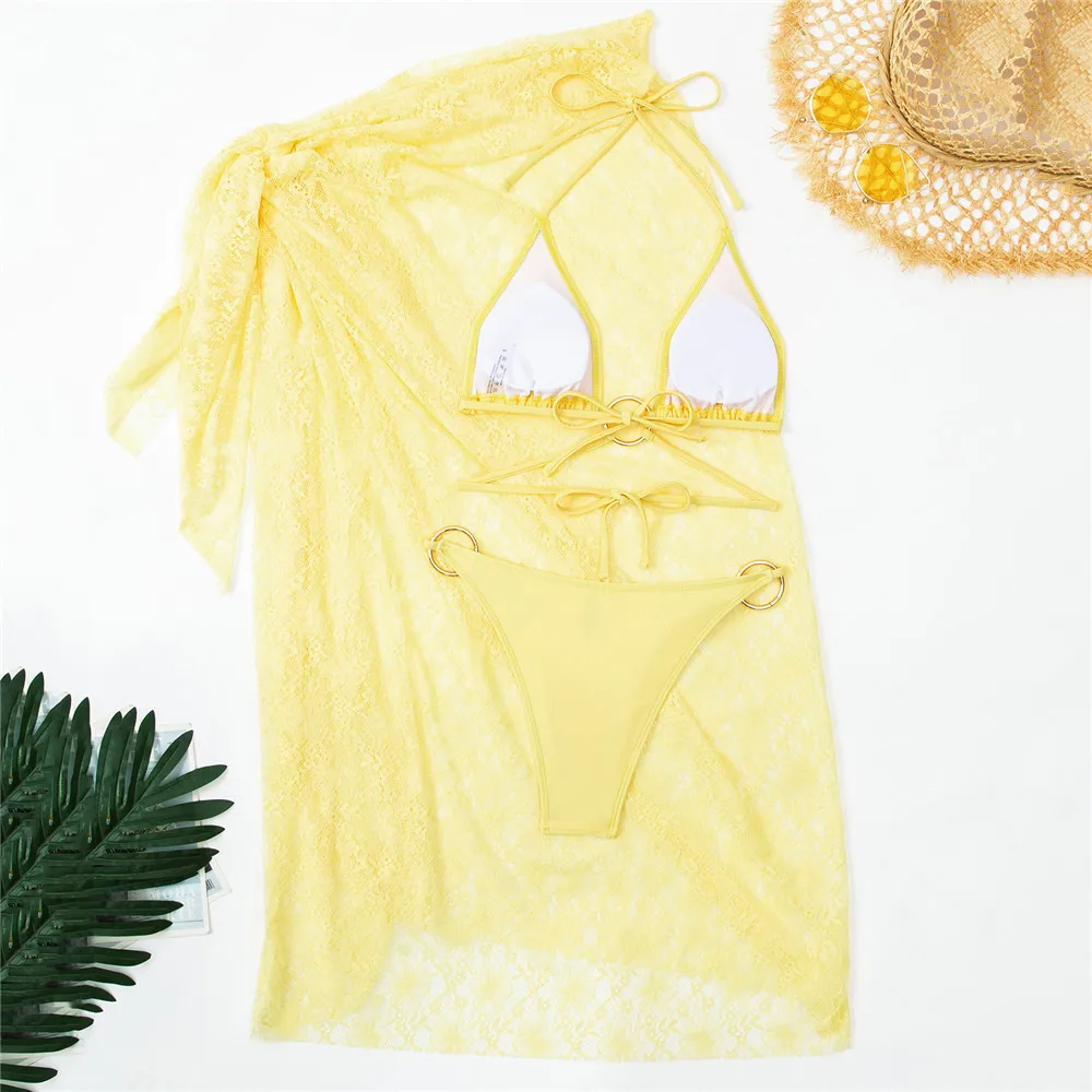 الصلبة الأصفر الرسن سلسلة مثلث البيكينيات مجموعات 3 قطع الدانتيل شبكة التستر ملابس السباحة مايكرو ثونغ مثير ملابس السباحة النساء 2026 #2