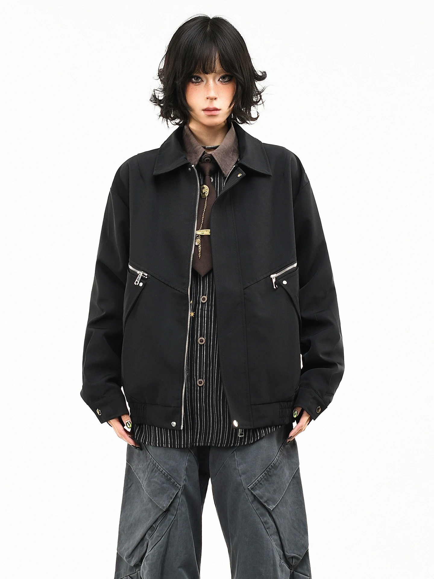 

OV Original American Deconstructed Patchwork Zipper ket Collar Jaet Loose Workwear for Women Spring Faionable Top