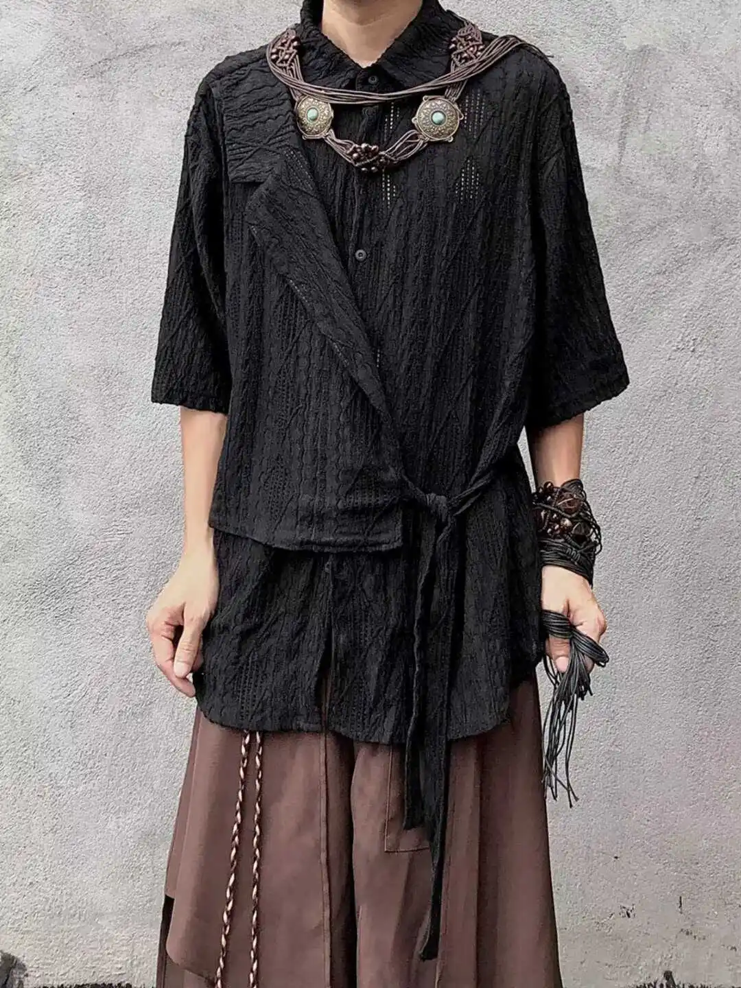 

Summer Vintage Short Sleeve Embroidered Hollow out Shirt Texture Splicing Belt Design Ethnic Men's Shirt Breathable