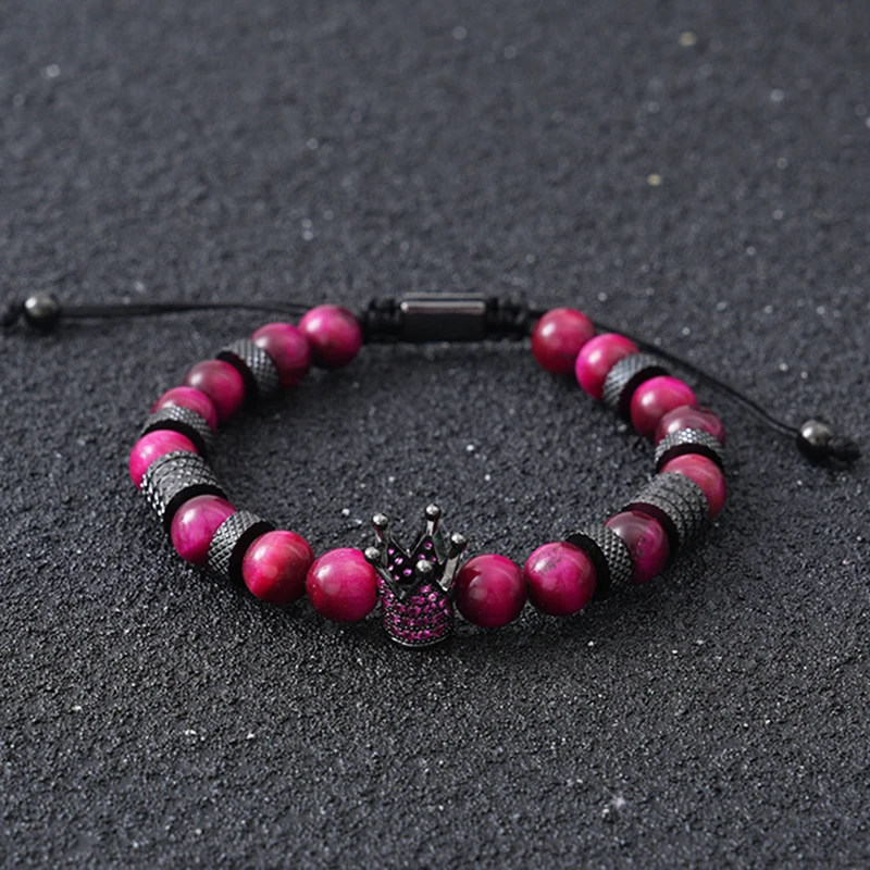 Luxury Natural Tiger Stone Beads Crown Charms Man Bracelet Women Hand Stainless Steel Jewelry Gift