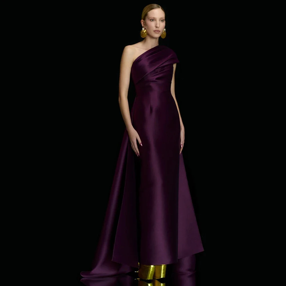 

Formal Valentine's Day Dresses Satin Sheath/Column Formal Gown Purple One-shoulder Pleat Ruched Weddning Guest Dress Maxi