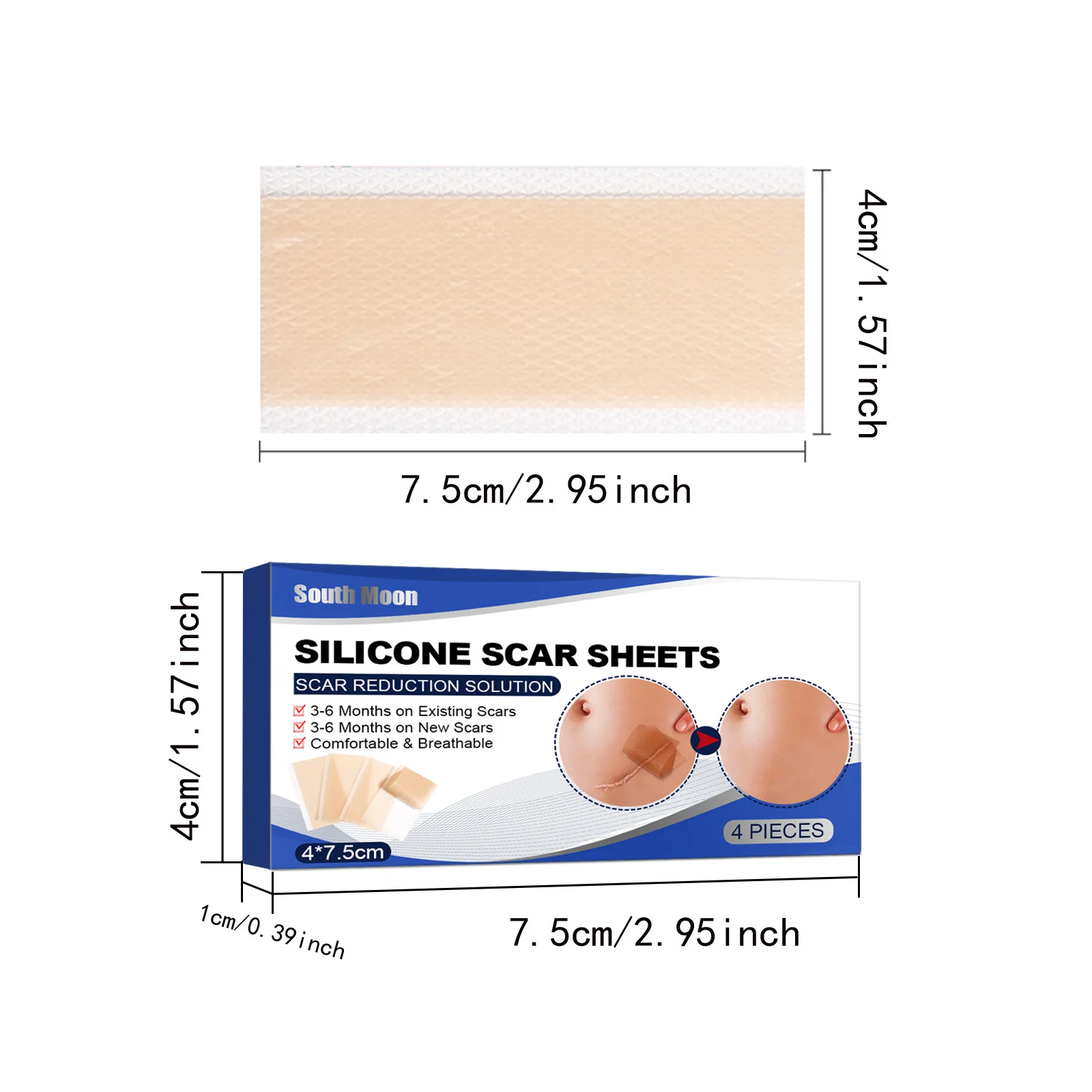 4 Patches/Pack Silicone Scar Sheets , 4cm*15cm/4cm*7.5cm Self-Adhesive Scar Cover Tape Reusable and Effective Skin Care Strips