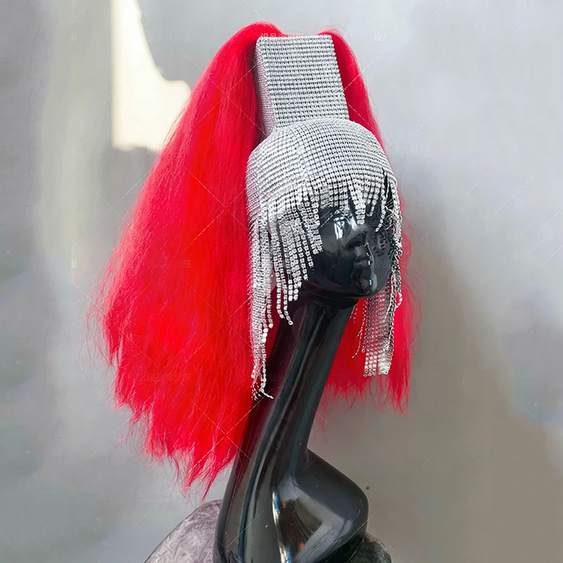 

Женский красный парик с серебряными блестками, головной убор для сценических выступлений, аксессуары для Хэллоуина, костюм для вечеринки, фестиваля, рейва, VDL5135