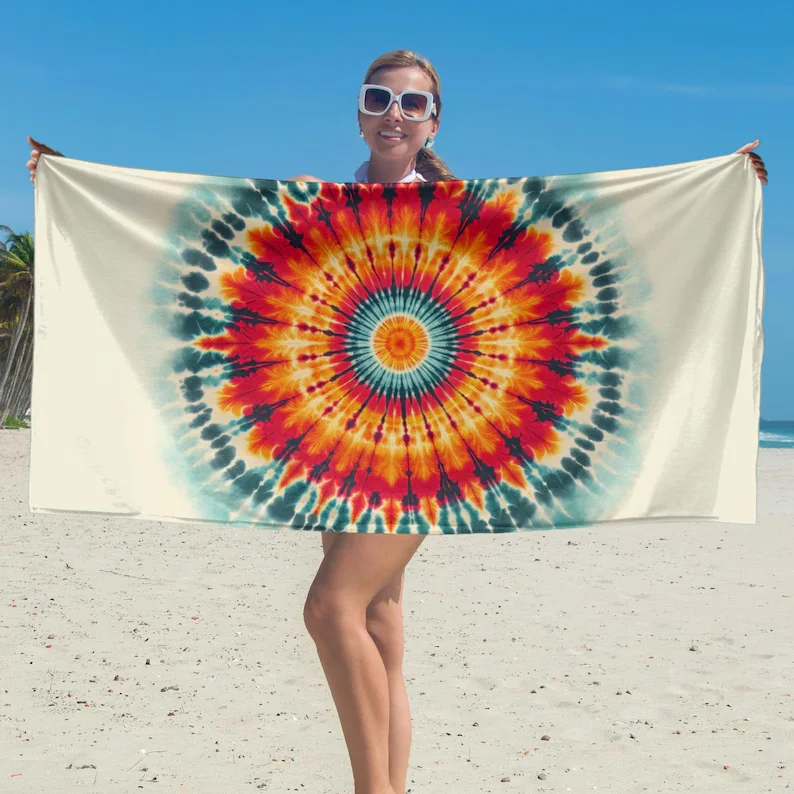 Sunburst Mandala Beach Towel Fire and Harmony Fusion Vibrant Artistry Free-Spirited Vibes Mandala Pattern Sunset Colors