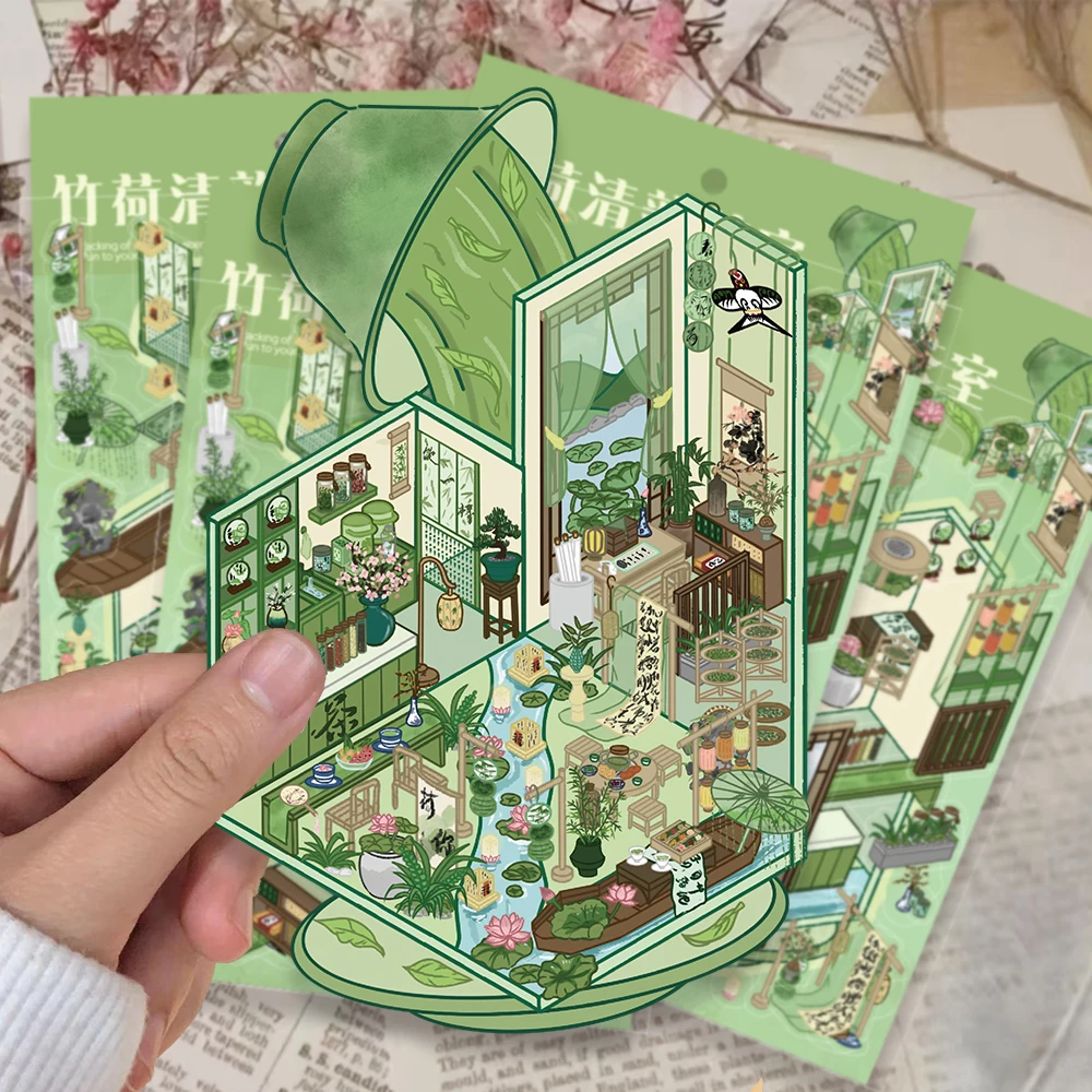 Big page! Bamboo Lotus Clear Charm Tea Room Fun Miniature Landscape Stickers Home Interactive Handmade DIY Stickers