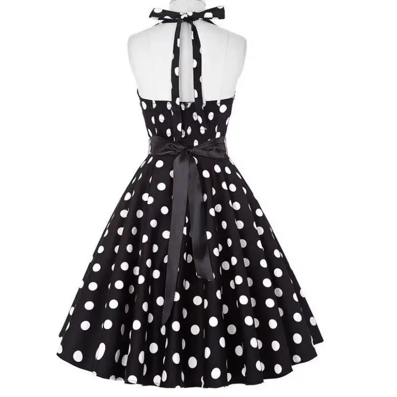 Women Summer Polka Dot Vintage Dress Fashion Party Office Lady Rockabilly Big Swing Halter Clothes