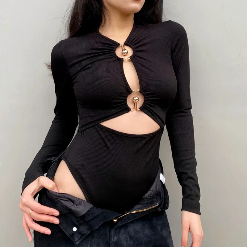 2025 New Spring Sexy Hollow Out Long Sleeve Bodysuit Metal Ring Connection Fashion Women Bodice Black Bodycon Party Clubwear Top