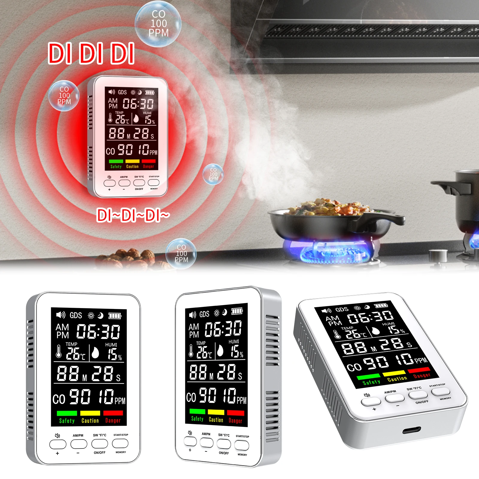 

Портативный детектор угарного газа 5-в-1 с подключением к сети, с дисплеем температуры и влажности, для путешествий, дома и автофургонов