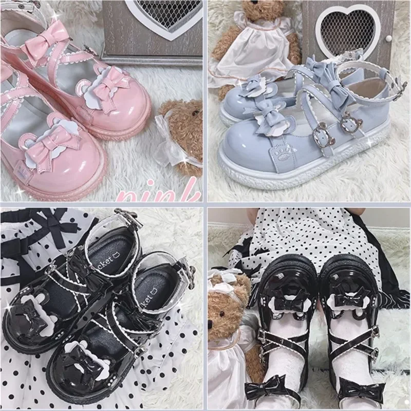 Cosdea Rosa Nero Blu Orso Kawaii Lolita Scarpe Giapponese Dolce Ragazze Carino Testa Rotonda Arco Lolitas Appartamenti delle Donne Studente Jk Unifor